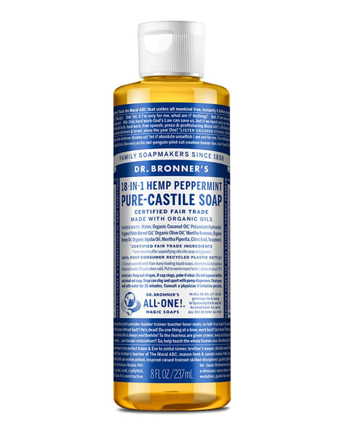 Load image into Gallery viewer, Dr. Bronner&#39;s - Pure-Castile Liquid Soap (Peppermint, 8 Ounce) - Made with Organic Oils, 18-in-1 Uses: Face, Body, Hair, Laundry, Pets and Dishes, Concentrated, Vegan, Non-GMO 8 Fl Oz (Pack of 1)
