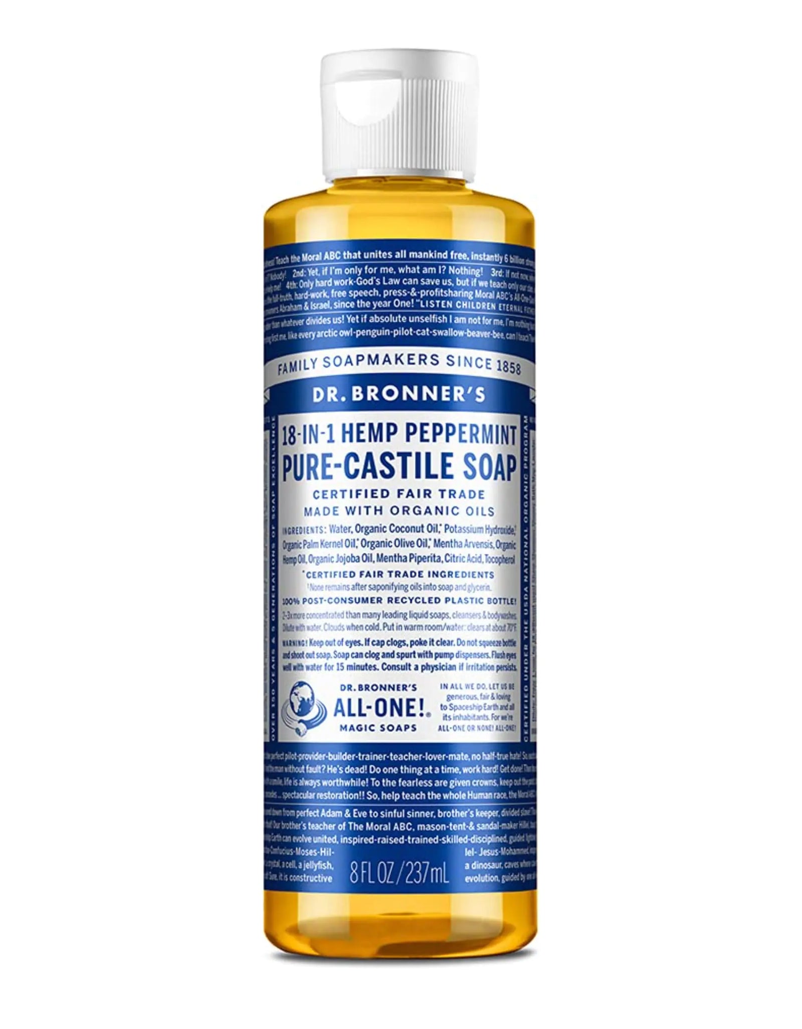 Dr. Bronner's - Pure-Castile Liquid Soap (Peppermint, 8 Ounce) - Made with Organic Oils, 18-in-1 Uses: Face, Body, Hair, Laundry, Pets and Dishes, Concentrated, Vegan, Non-GMO 8 Fl Oz (Pack of 1)