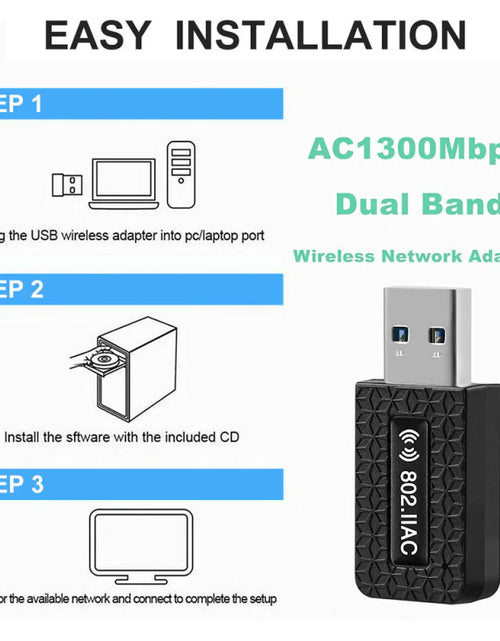 Load image into Gallery viewer, 1300Mbps USB3.0 Wireless WiFi Adapter Dongle Dual Band 5G/2.4G Desktop Laptop PC
