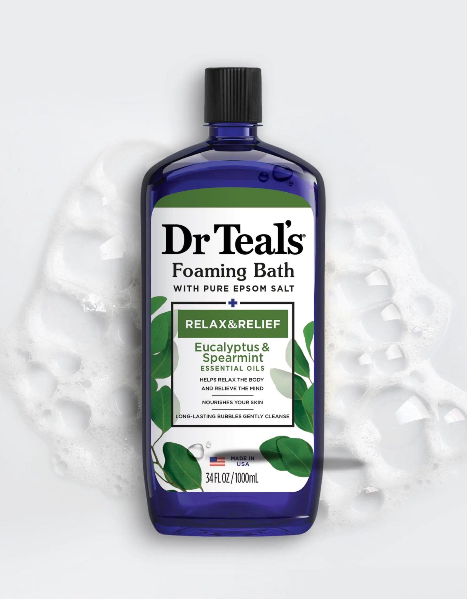 Dr Teal's Foaming Bath with Pure Epsom Salt, Relax & Relief with Eucalyptus & Spearmint, 34 fl oz (Pack of 4) (Packaging May Vary)