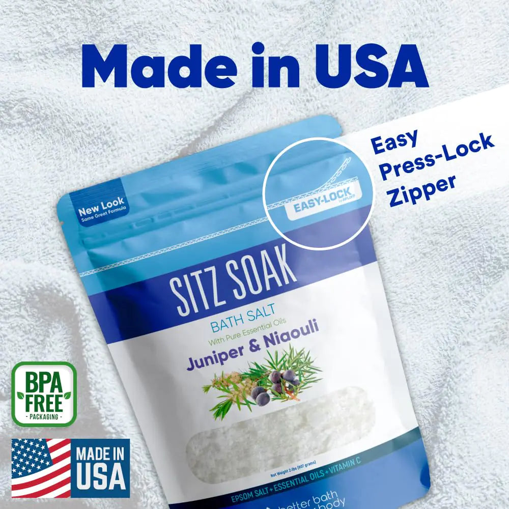 Sitz Bath Soak 2-Lbs Sitz Salt Epsom Salt Hemorrhoid Soothing with Pure Essential Oils in BPA Free Pouch with Press-Lock Seal Made in USA 2 Pound (Pack of 1)