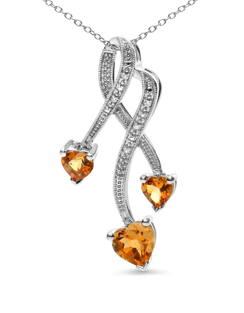 Load image into Gallery viewer, .925 Sterling Silver 3-Stone Heart Shape Citrine and Diamond Accent Spiral Drop 18&quot; Pendant Necklace (H-I Color, SI1-SI2 Clarity)
