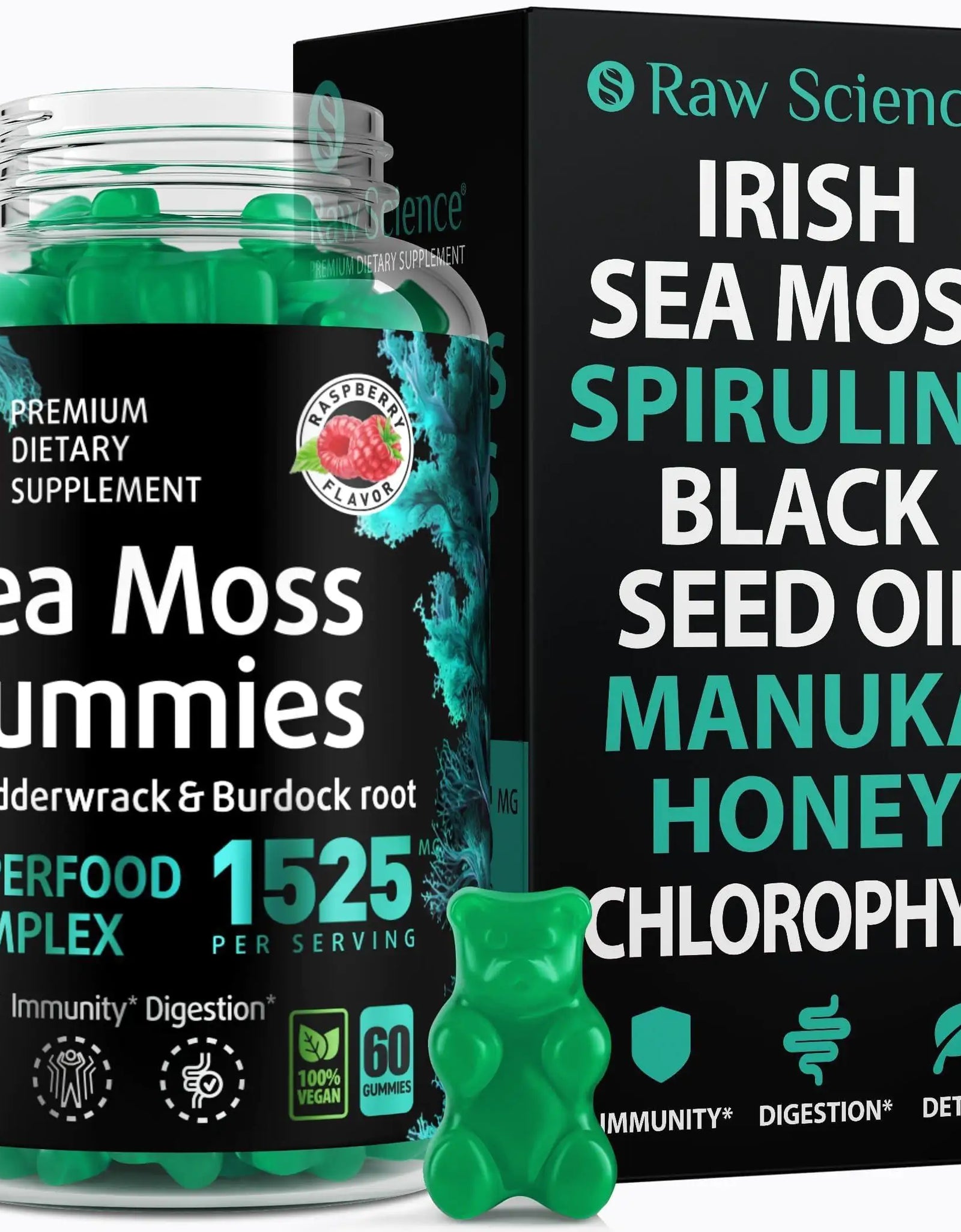 Irish Sea Moss Gummies 60 Gummies Detox & Thyroid Support for Women & Men Black