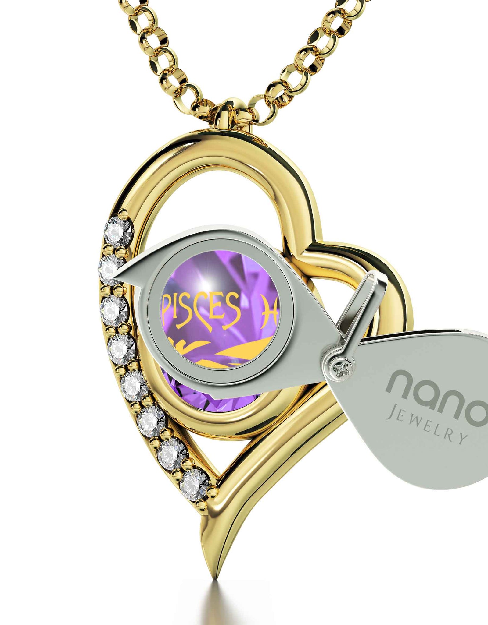 Gold Plated Silver Pisces Necklace Zodiac Heart Pendant 24k Gold Inscribed on Crystal