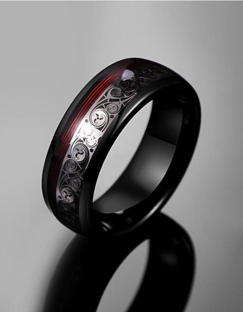 Load image into Gallery viewer, Spiral Motif and Red Guitar String Tungsten Ring
