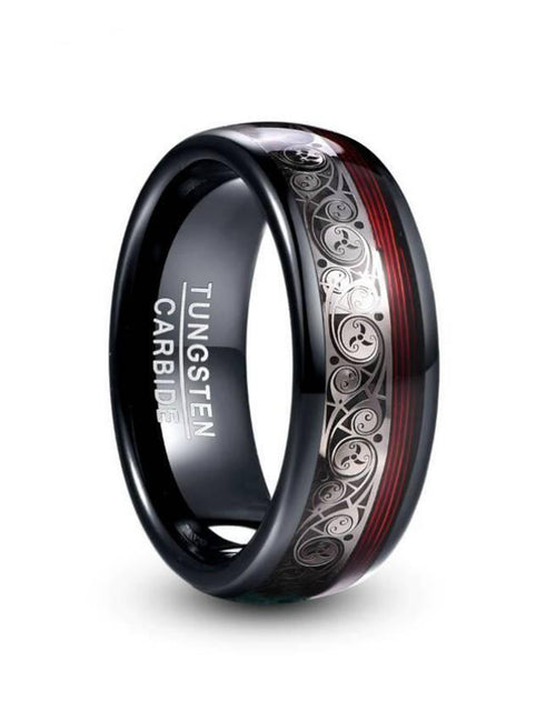 Load image into Gallery viewer, Spiral Motif and Red Guitar String Tungsten Ring
