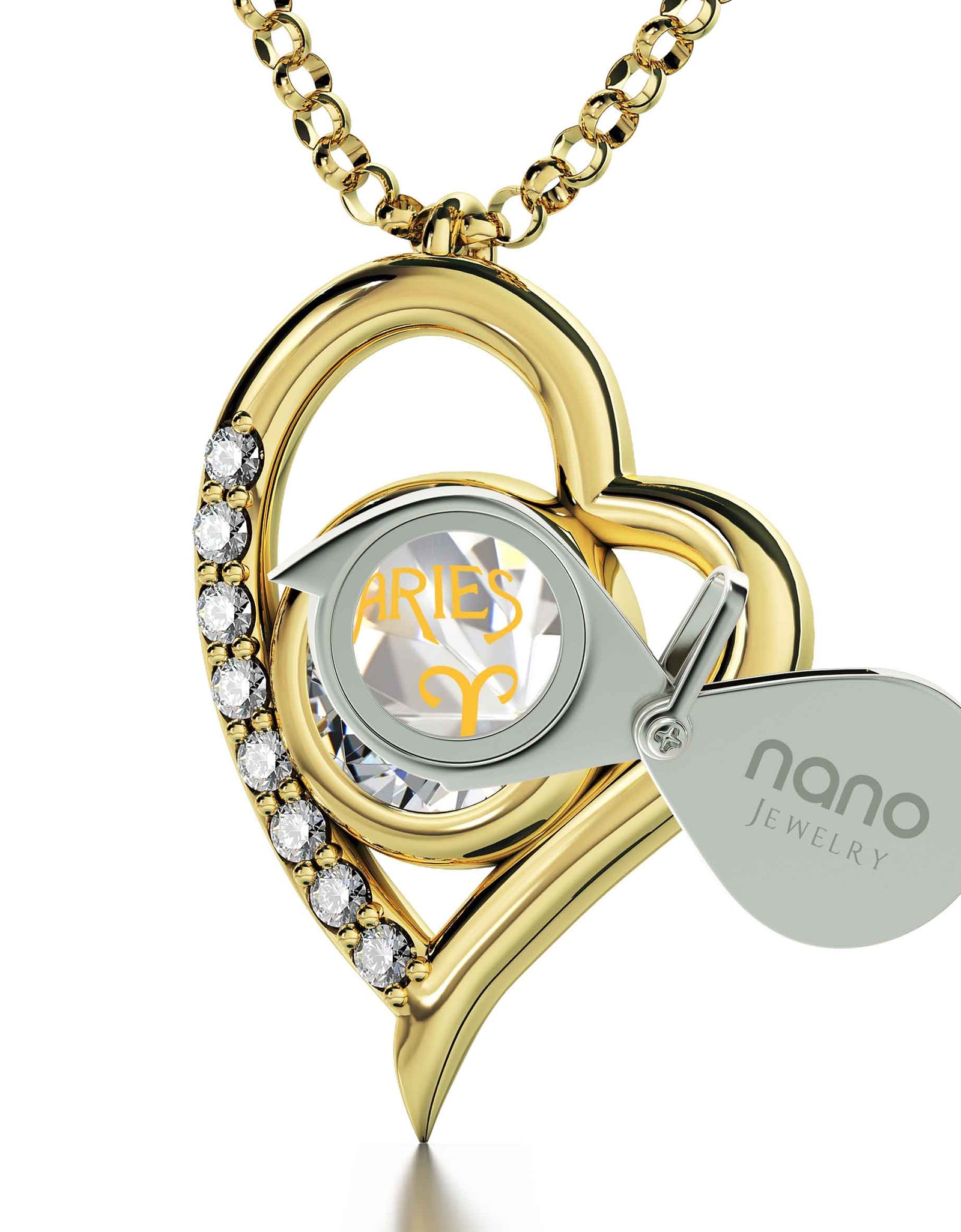 Gold Plated Silver Aries Necklace Zodiac Heart Pendant 24k Gold inscribed on Crystal