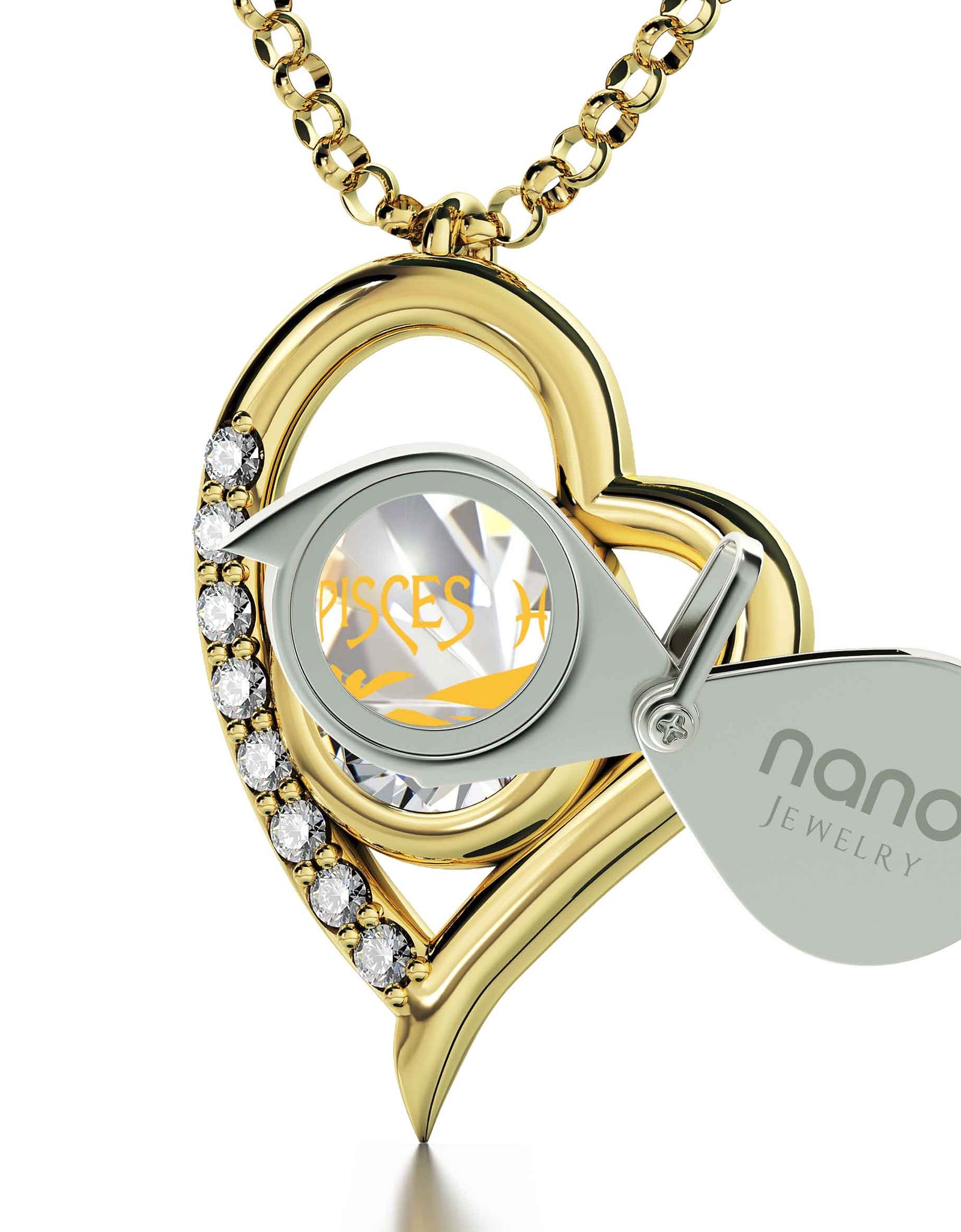 Gold Plated Silver Pisces Necklace Zodiac Heart Pendant 24k Gold Inscribed on Crystal