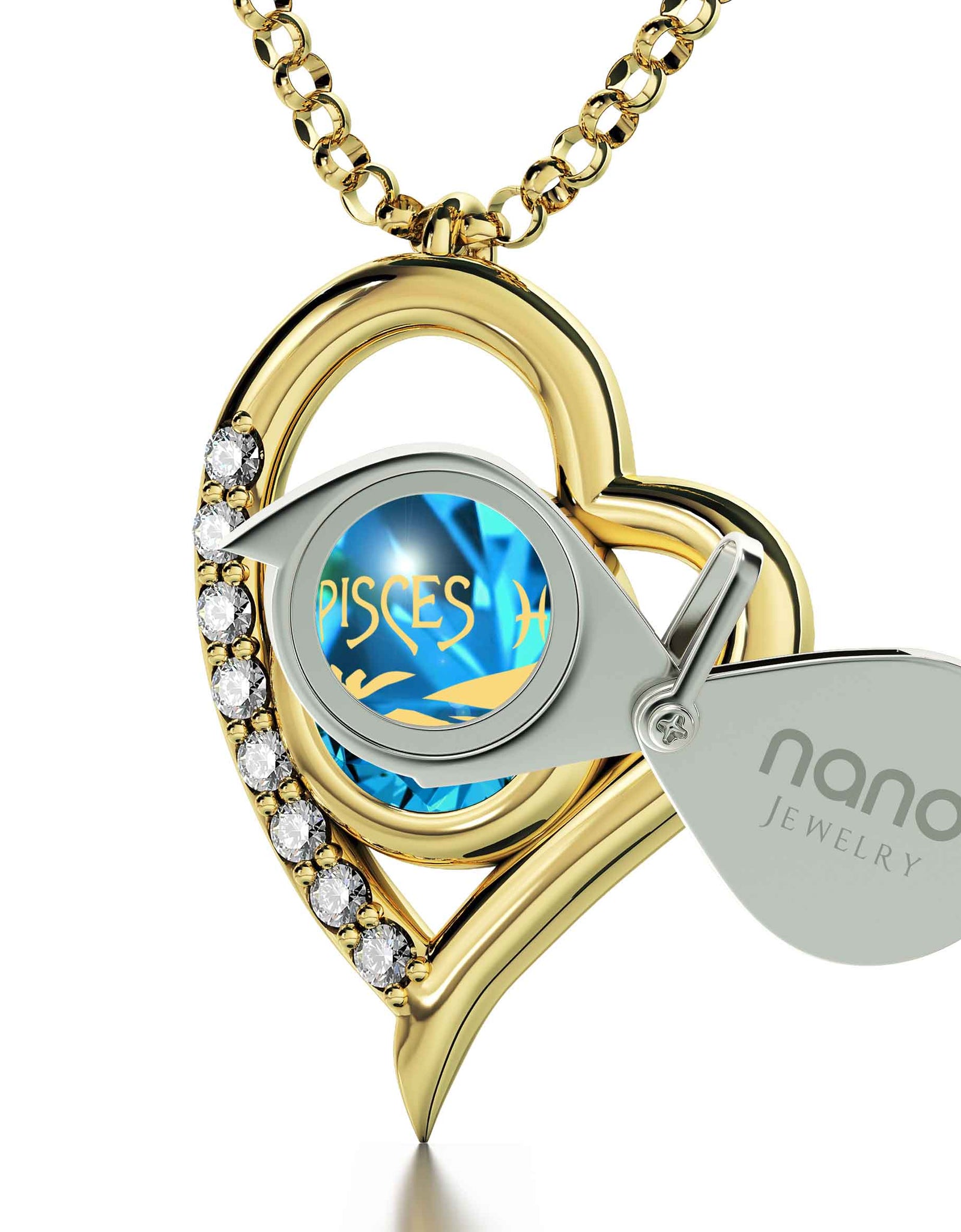 Gold Plated Silver Pisces Necklace Zodiac Heart Pendant 24k Gold Inscribed on Crystal