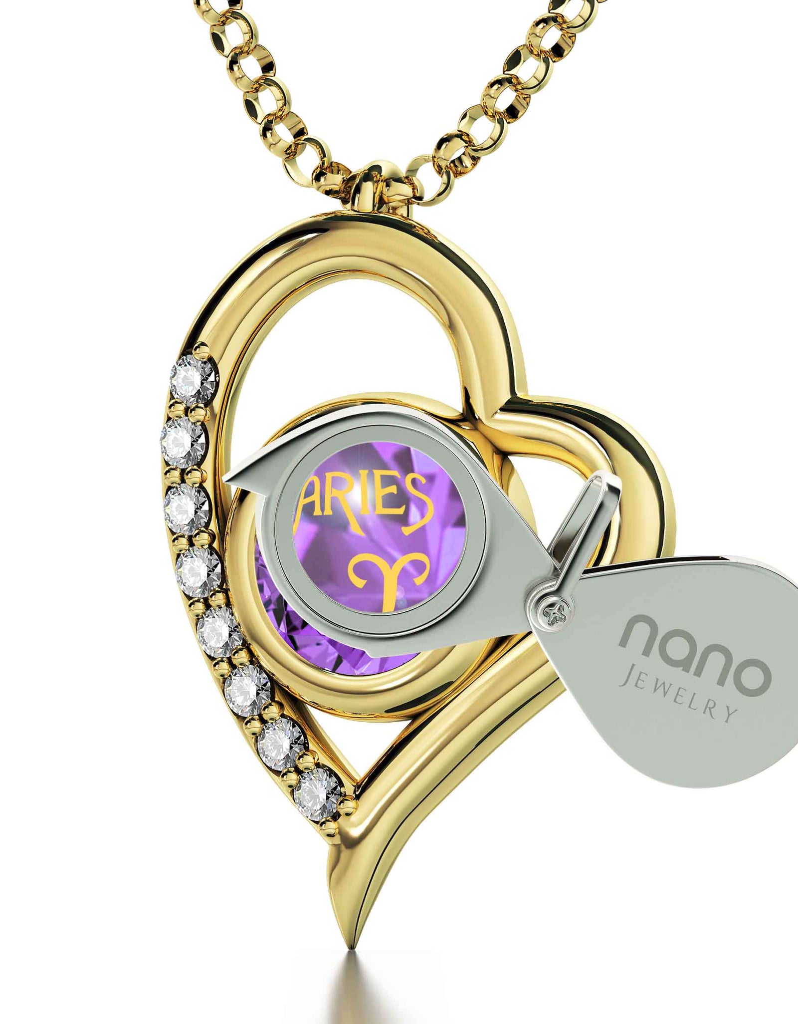 Gold Plated Silver Aries Necklace Zodiac Heart Pendant 24k Gold inscribed on Crystal